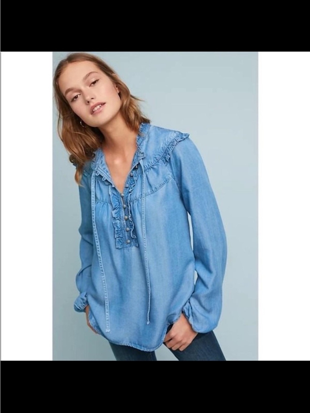 Maeve Anthropologie Chambray Ruffle Button Front Blouse Denim Blue Size S